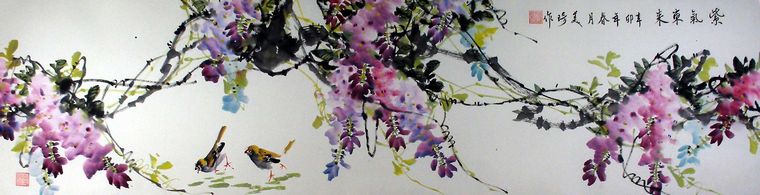 六尺對開國畫花鳥